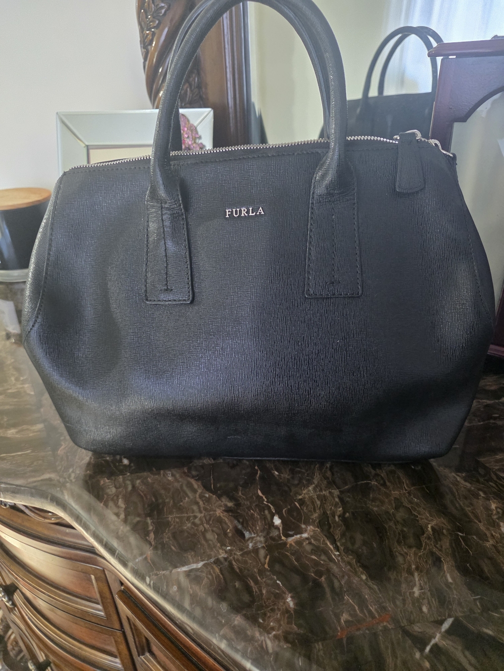 Furla Black Textured Leather Top-Handle Satchel